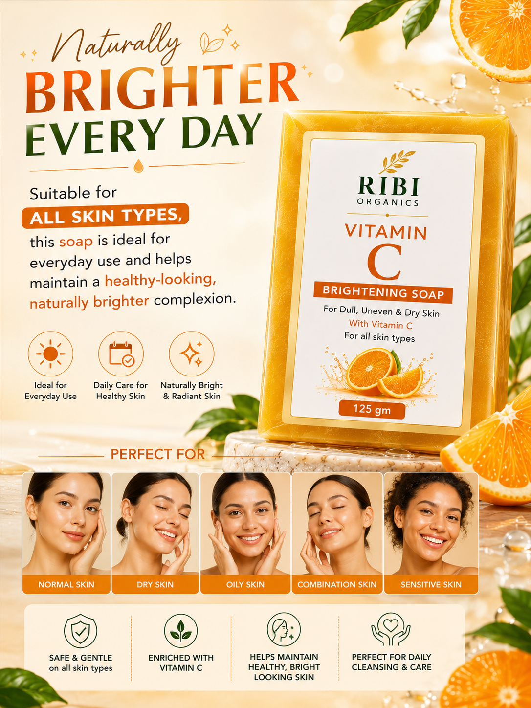 RIBIRA  Vitamin C  Organic Handmade Bath Soap  | Skin Brightening  Soap for Men & Women | Daily Use | (125 g)
